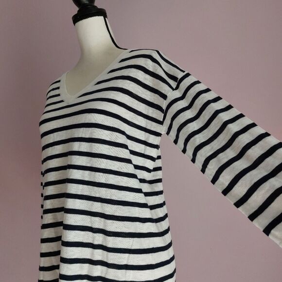 Talbots Cotton Blend V-Neck Black White Stripe 3/4 Sleeves Knit Top Size S NWT - Picture 4 of 10